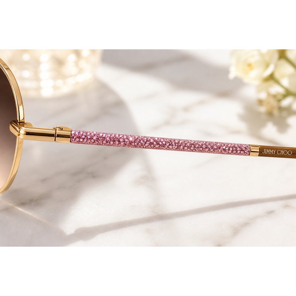 Jimmy Choo Marilia Sunglasses Gold Geometric Gradient Lens Crystal Arm NWT - Picture 3 of 6